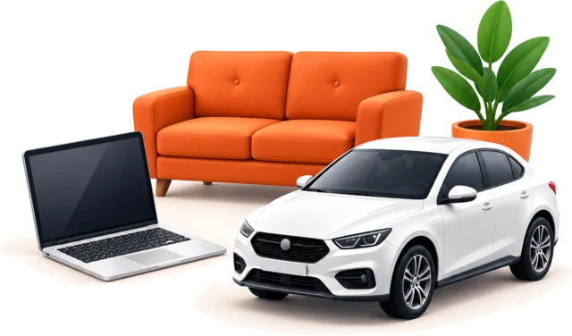 A laptop, sofa, car and potted plant